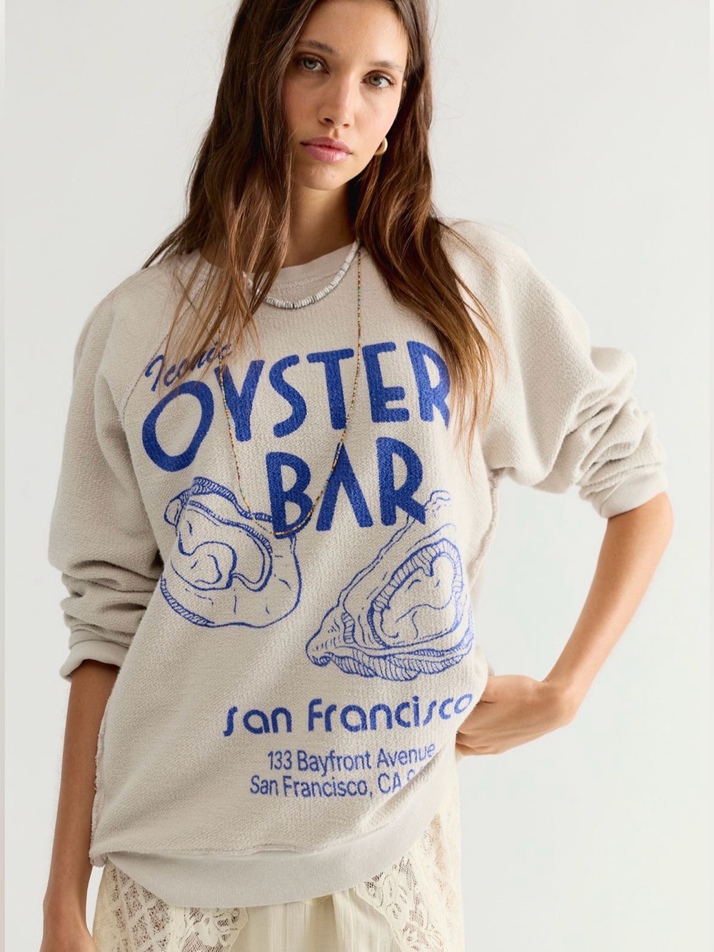 NWT Free People X Retro Brand Oyster Bar Crewneck Pullover Sweatshirt in Ivory